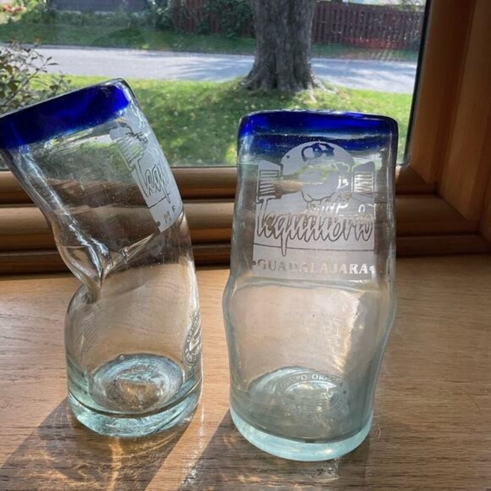Bent Hand Blown Cobalt Blue Rim Set of 2 Tequilibrio Drinking Glasses